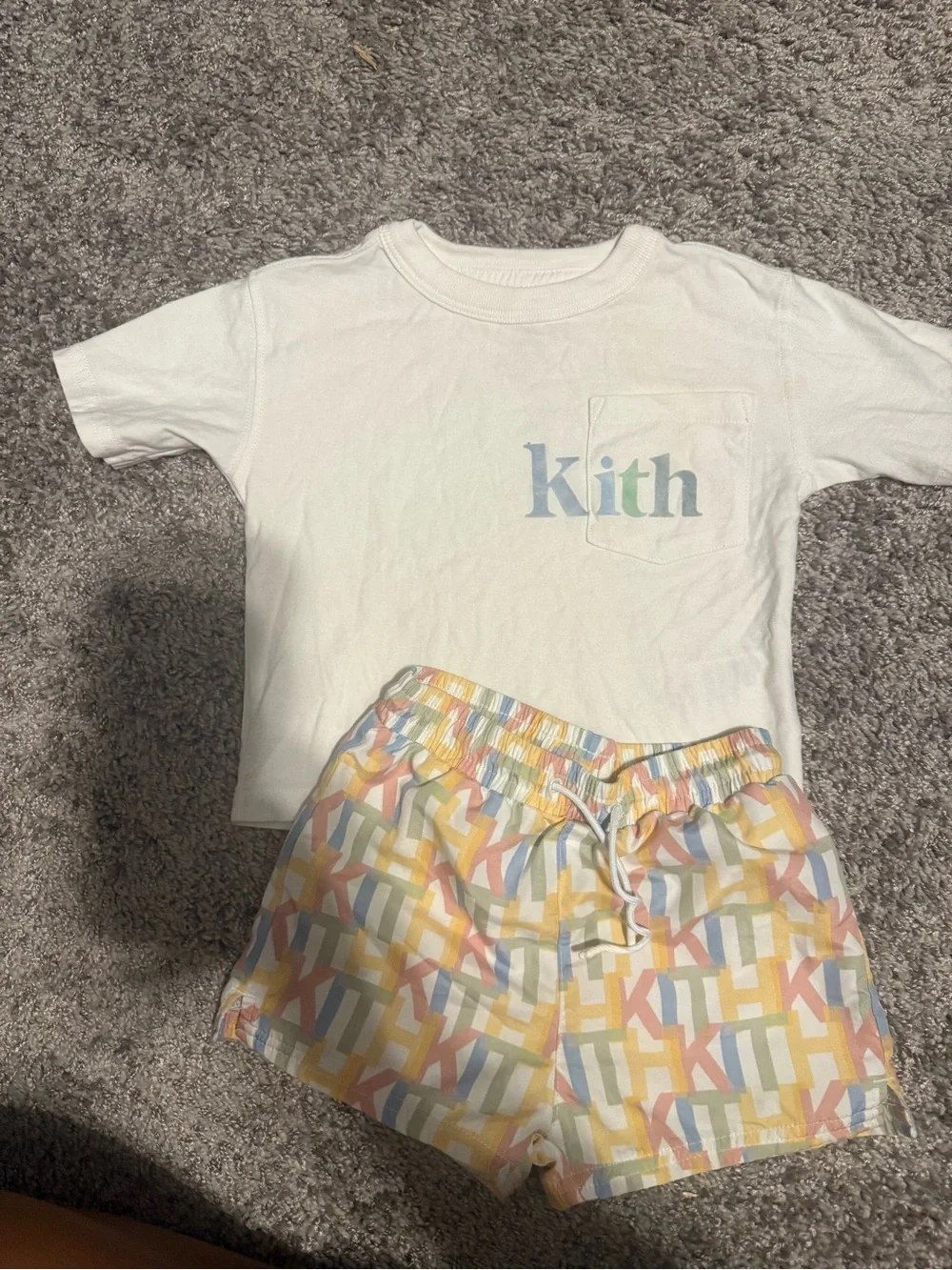 Kith White Tee with Pastel Multi-Color Logo & Matching Pastel Shorts